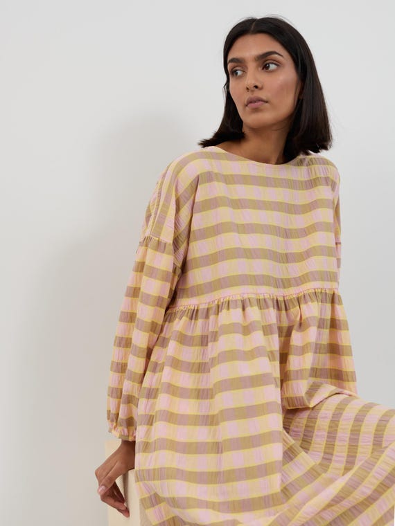 ODETTE Seersucker Maxi Dress, Checked Balloon Sleeve Dress, Oversized Cotton Summer Dress, Relaxed Fit Gingham Day Dress