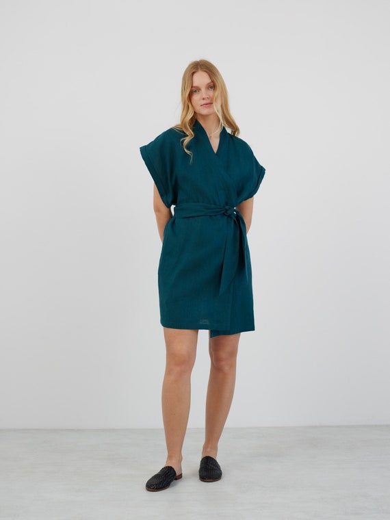 Dress Sleeveless Linen Dress Japanese Style Linen Kimono Wrap Dress, Emerald Blue FAITH Israel Dress Sleeveless Linen Dress Japanese Style Linen Kimono Wrap Dress, Emerald Blue FAITH Israel