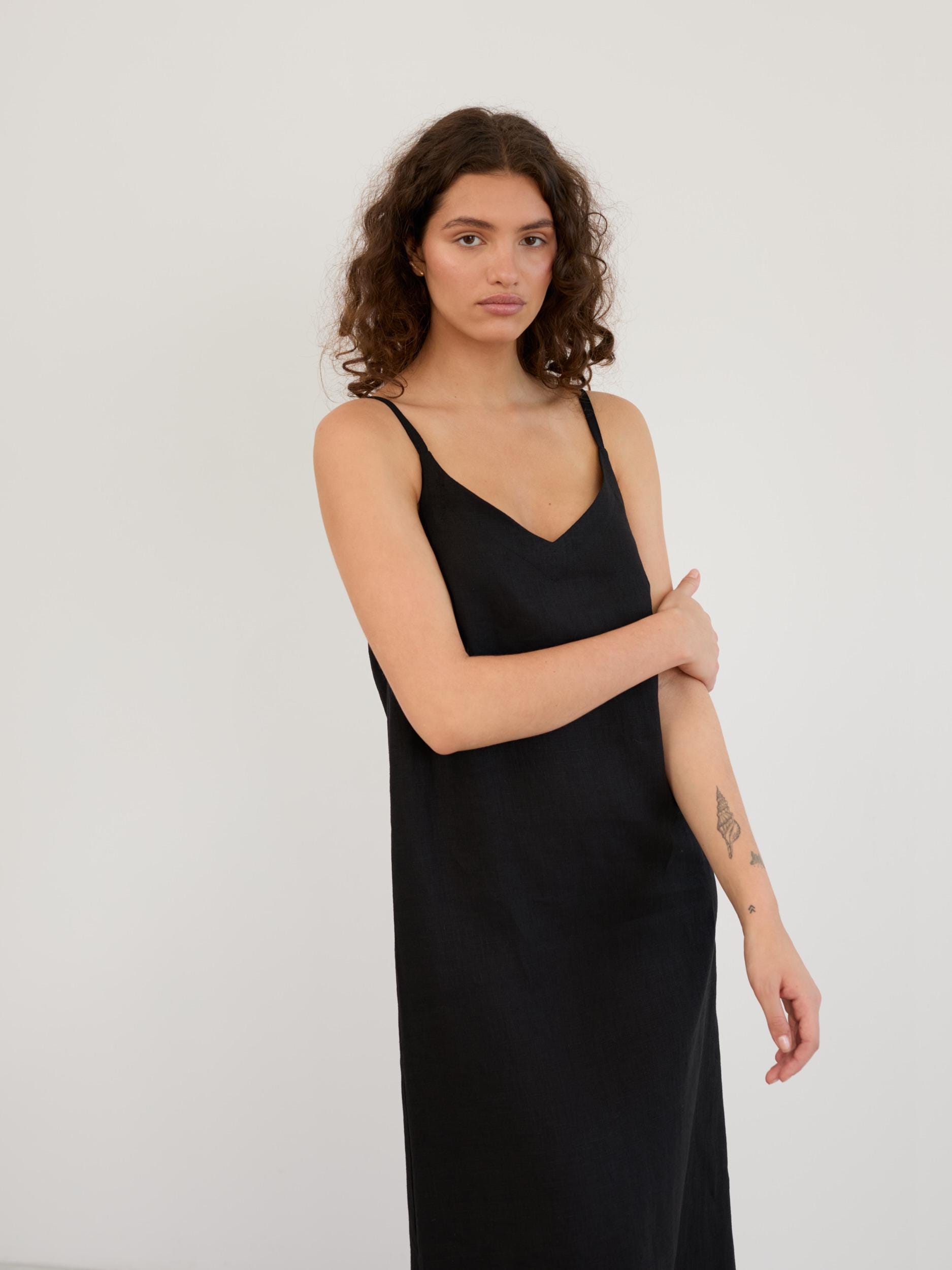 Black Linen Slip Dress, Midi Cami with Straps | Willow
