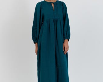 SALE Women's Linen Maxi Dress, Tie Neck, Empire Waist and Balloon Sleeves | JOSETTE