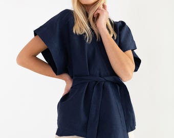 SALE Women's Linen Kimono Jacket, Short Sleeves and Self-Tie Belt | ELI