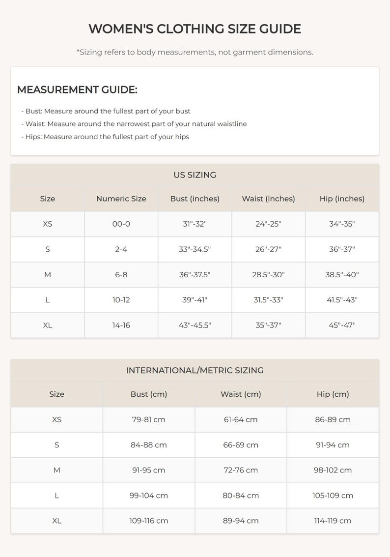 Women Size Chart Combined