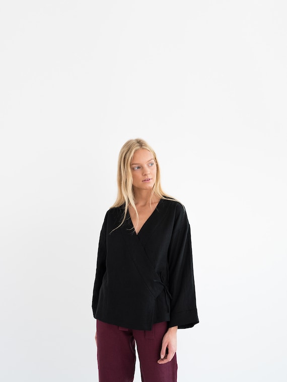 Handmade Linen Kimono Wrap Top - Tie Front, Long Sleeves