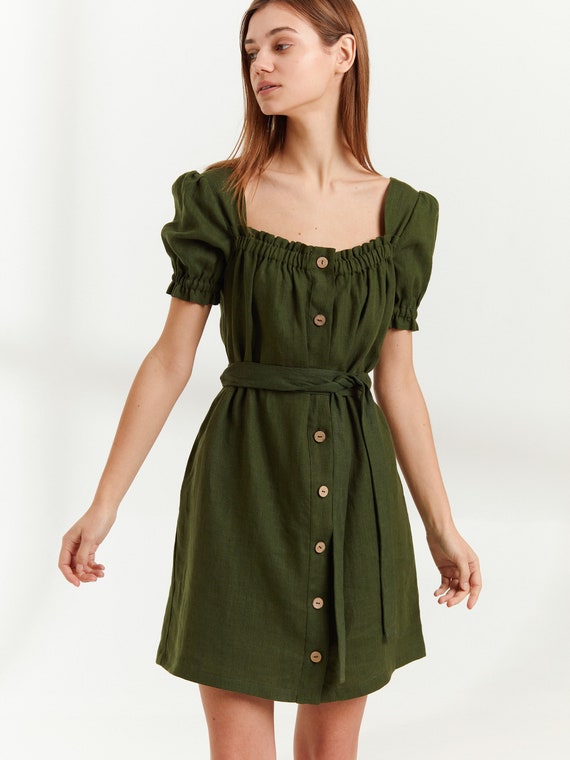 JULY Button Down Linen Dress / Mini Summer Dress in Forest Green