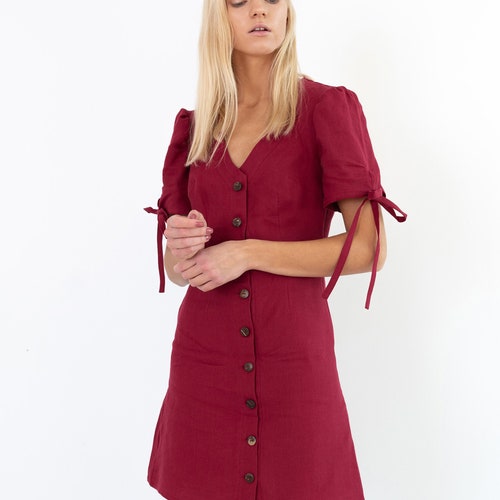 Cherry red linen mini dress, short sleeve, button front | VENUS