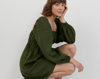 Linen Mini Dress TALULLA | Forest Green Square Neck Puff Sleeve