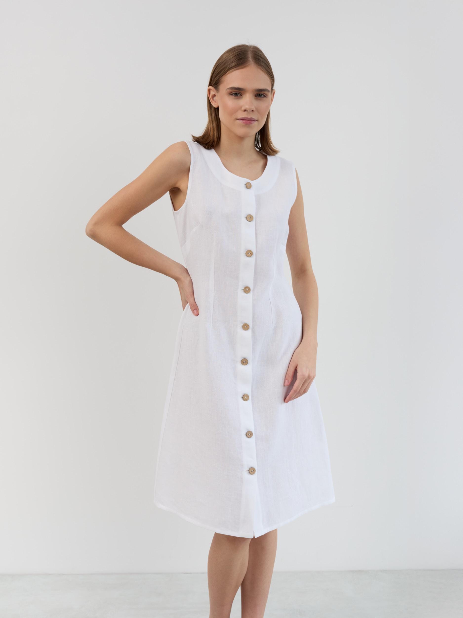 White Linen Dress, Sleeveless Button Front A Line | IMOGEN White Linen Dress, Sleeveless Button Front A Line | IMOGEN