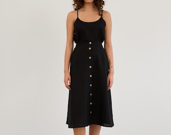 SALE Women's Button-Front Linen Midi Skirt, A-Line Cut with Pockets | LAMINTA