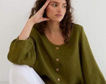 Linen button up blouse, moss green, balloon sleeves | DAISY