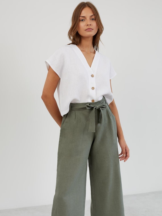 Linen wide leg cropped pants, high waist paperbag | ALLIE