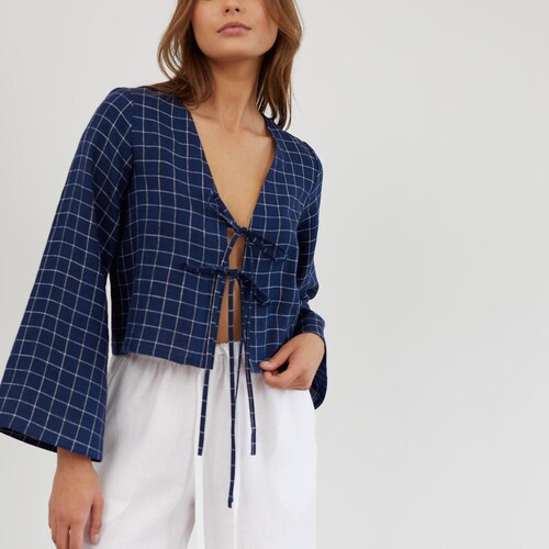 Linen tie front crop top, blue bell sleeve blouse | CASSIDY
