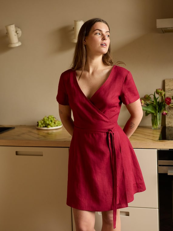 Linen Wrap Dress, Short Sleeve A Line Mini, Day to Event | Sadie