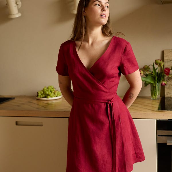 Linen wrap dress, short sleeve A line mini, day to event | SADIE