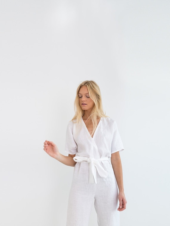 AURORA Linen Jumpsuit White / Loose Linen Overalls / Linen Kimono