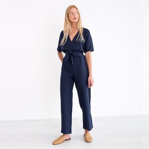 AURORA Linen Jumpsuit / Loose Linen Overalls / Linen Romper With Belt image 4