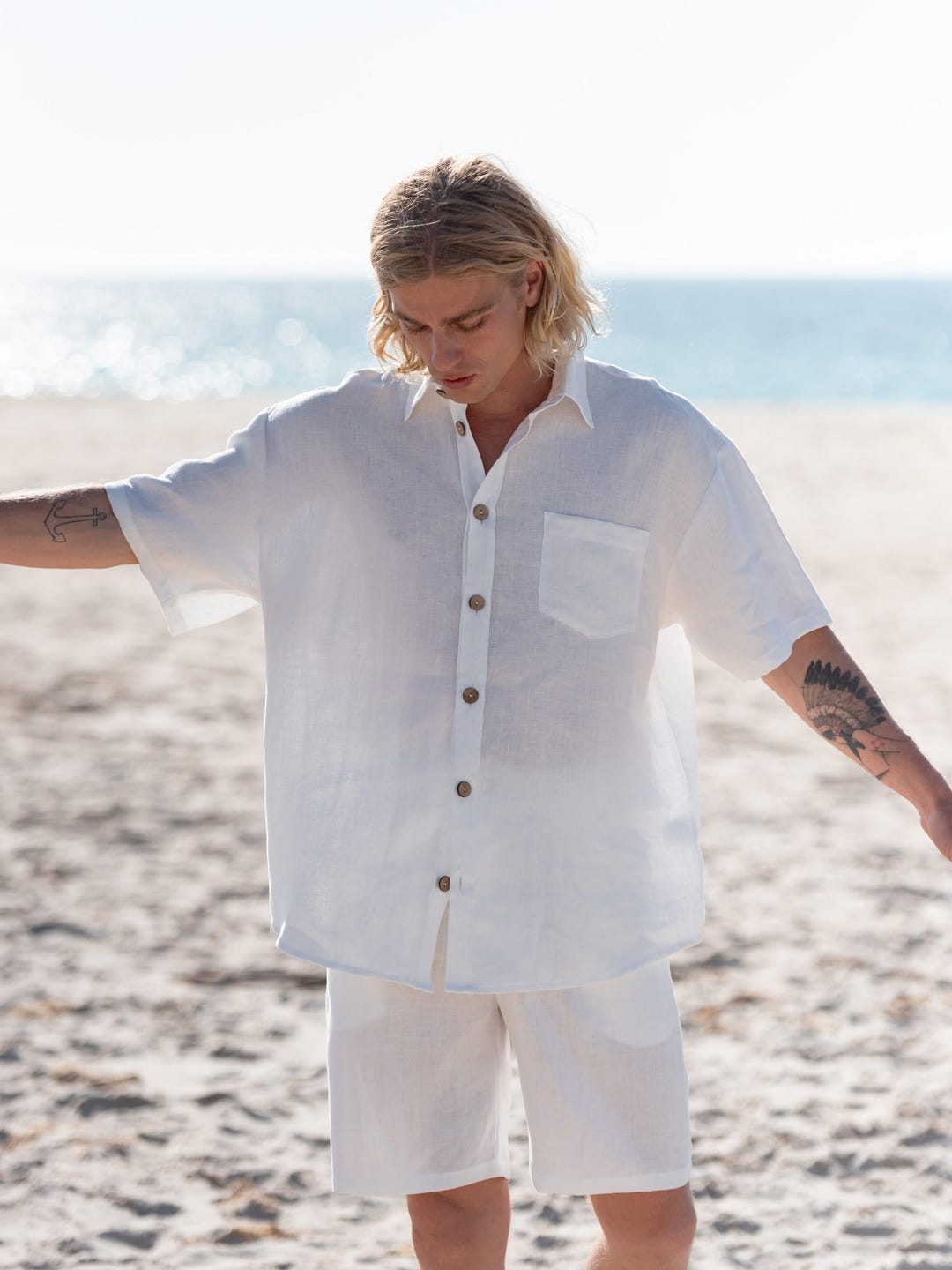 Outfits White Beach Button Down Men's Linen Shirt, Short Sleeve