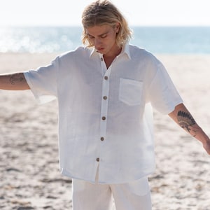 Men’s linen shirt, short sleeve, ivory white, beach casual | ALLAN