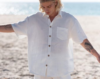 Men’s linen shirt, short sleeve, ivory white, beach casual | ALLAN