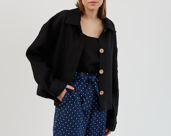 SALE Women's Heavy Linen Jacket, Boxy Fit with Collar and Button Front | GARETT