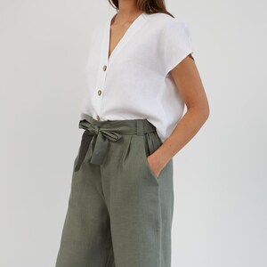 Linen Wide Leg Pants ALLIE / Linen Cropped Pants / Linen Beach Capris / Paperbag Linen Pants - Image 1