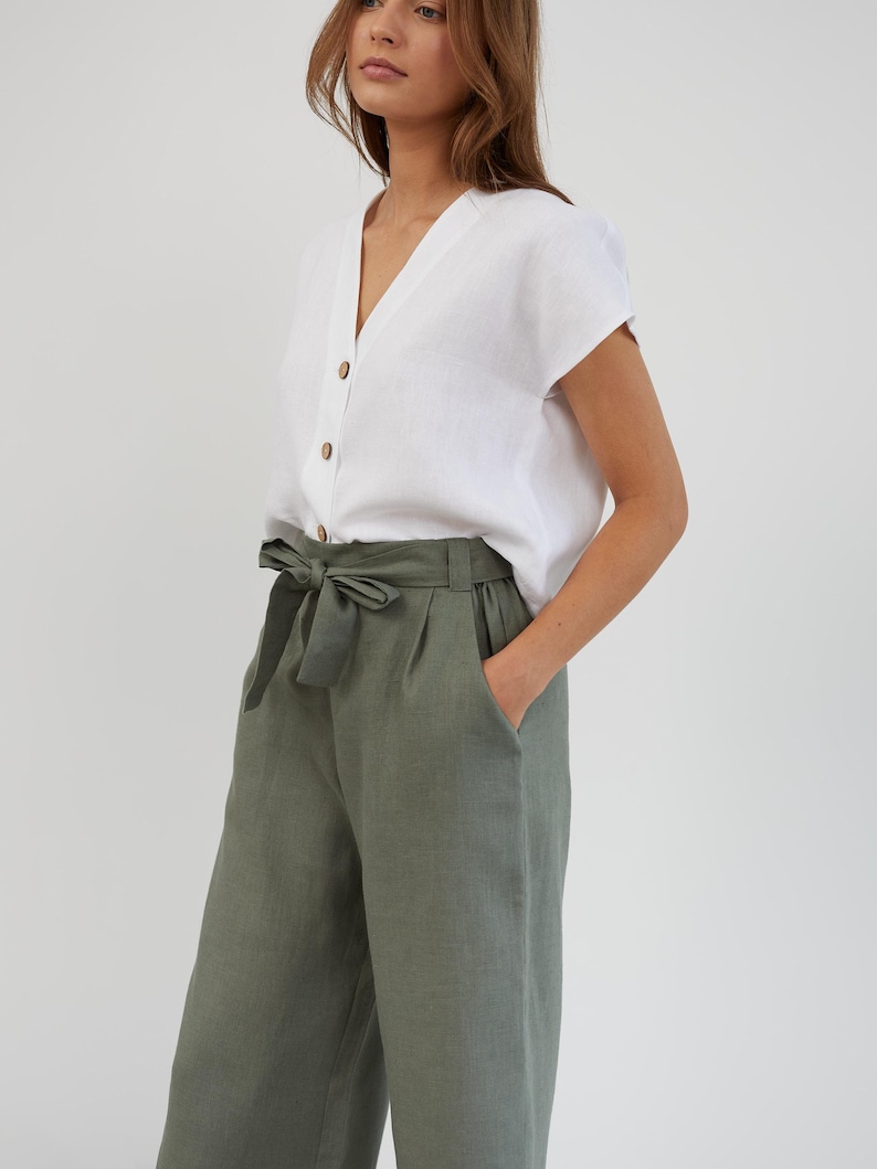 Linen Wide Leg Pants ALLIE / Linen Cropped Pants / Linen Beach Capris / Paperbag Linen Pants - Image 1