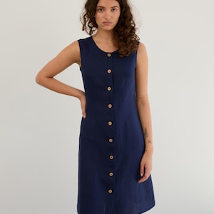 Sleeveless linen dress, navy blue, button front A line | IMOGEN