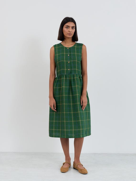 Green Plaid Linen Midi Dress Sleeveless, Snap Front Gathered Waist Dress With Pockets, Green Check Linen Summer Dress FERN