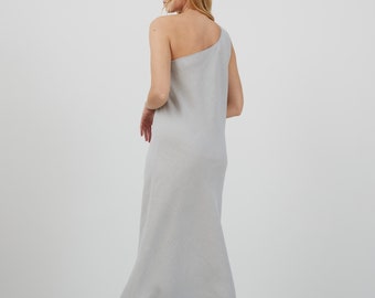 One Shoulder Linen Maxi Dress, Bias Cut Gown | Angelina