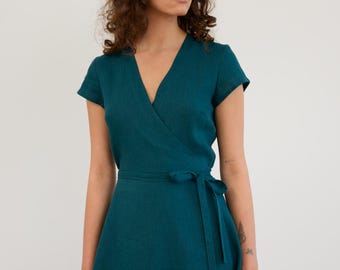 Teal Linen Wrap Dress AYLA with Short Sleeves Tie Waist and Knee Length