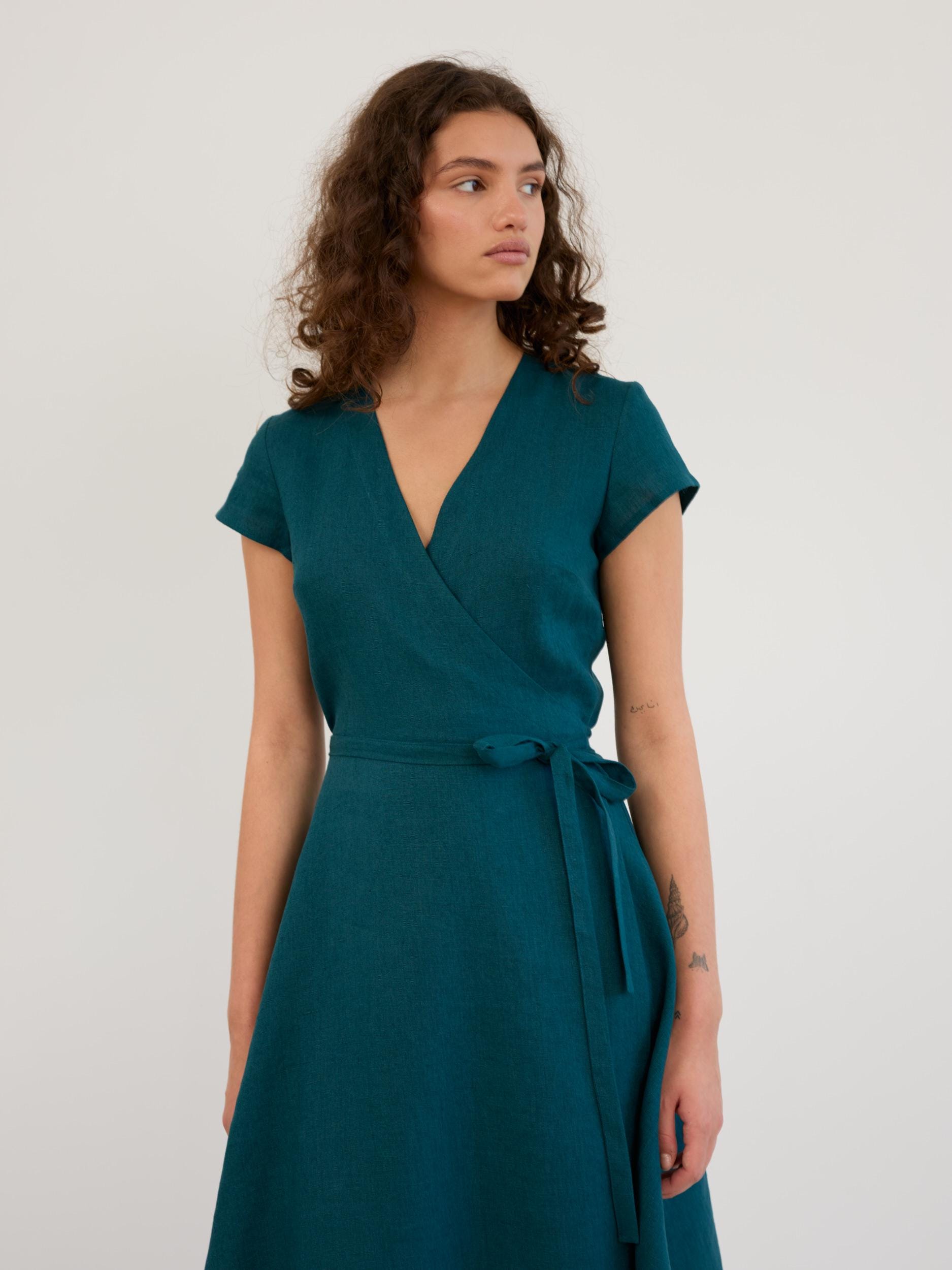 Teal Linen Wrap Dress AYLA with Short Sleeves Tie Waist and Knee Length Teal Linen Wrap Dress AYLA with Short Sleeves Tie Waist and Knee Length