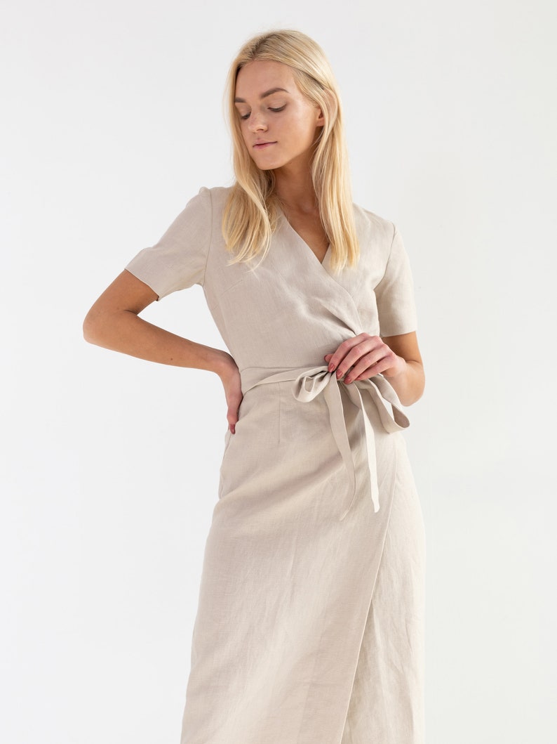 BELLA Midi Linen Dress With Short Sleeves / Wedding Wrap Dress image 2