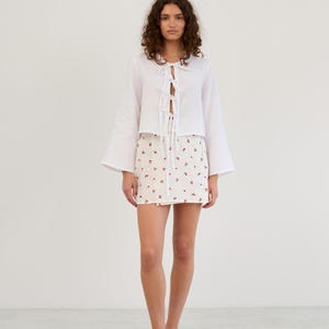 Tie Front Linen Top BLAIRE in White / Long Sleeve Tie Shirt / Linen Kimono Tie Front Shirt / Cropped Tie Jacket - Image 2