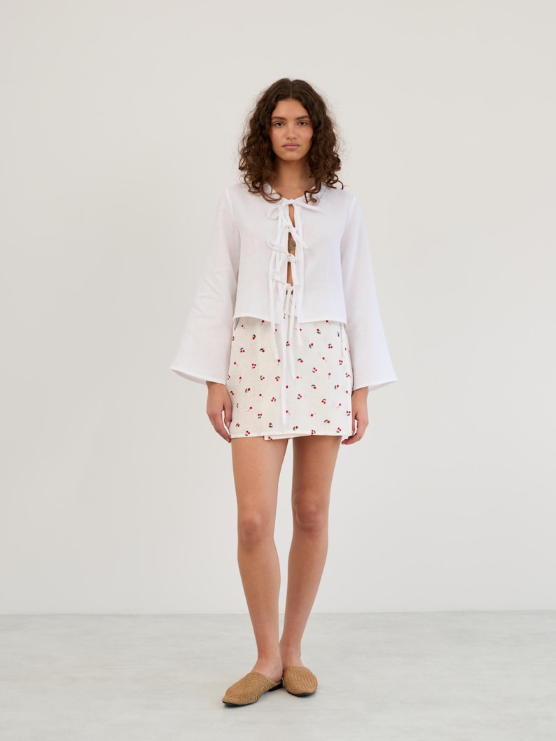 Tie Front Linen Top BLAIRE in White / Long Sleeve Tie Shirt / Linen Kimono Tie Front Shirt / Cropped Tie Jacket - Image 2