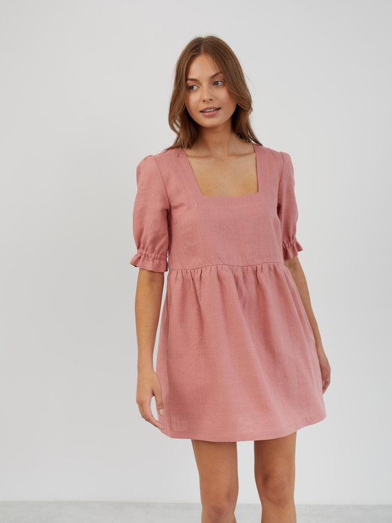knee length dresses for ladies Sky Blue Babydoll Dress - 100% linen | ROVE