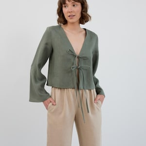 Image 3 of CASSIDY Linen Tie-Front Crop Top in Sage Green from Love and Confuse