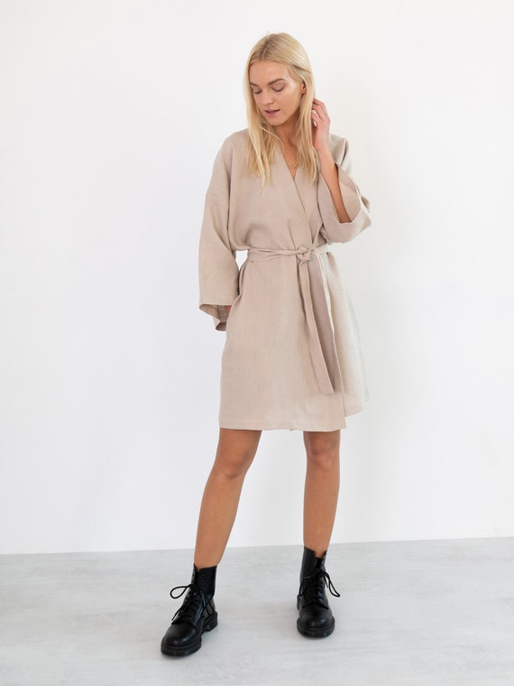 beige kimono dress Linen Wrap Dress, Robe Style | ATHENA Perfect bridal getting ready
