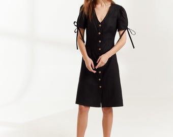 SALE Button-Front Linen Dress, Puff Sleeves and V Neck | MONICA