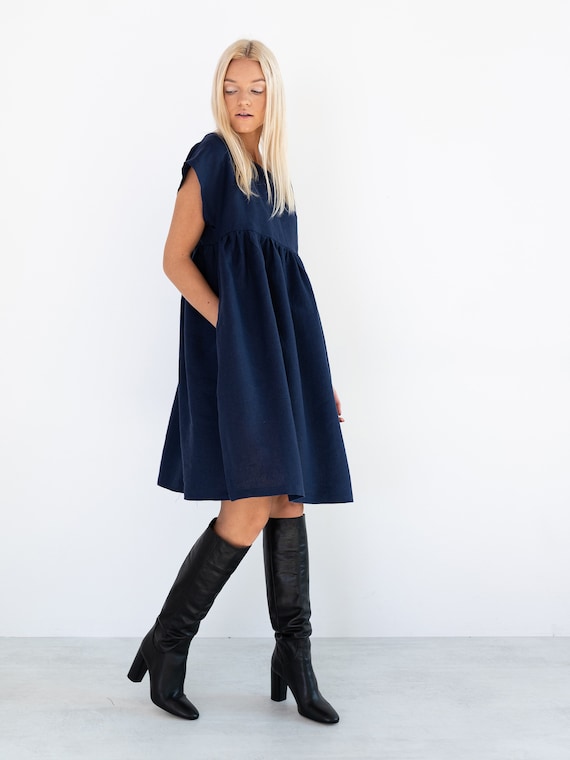 Navy linen smock dress, loose summer style | POPPY Navy linen smock dress, loose summer style | POPPY