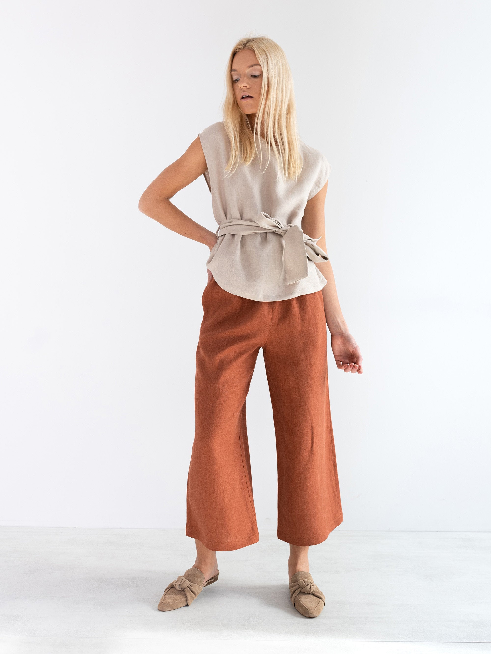 ALEXANDRA Linen Top for Women / Tie Waist Linen Blouse / Handmade Clothing