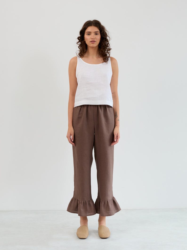 Ruffle Bottom Pants GIGI Linen High Waist Trousers / Cocoa Brown Summer ...