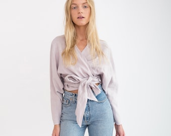 Linen wrap top, long sleeve tie front blouse | JUNE