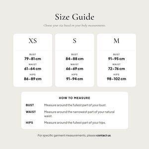 Women's XS through M body measurement guide in centimeters