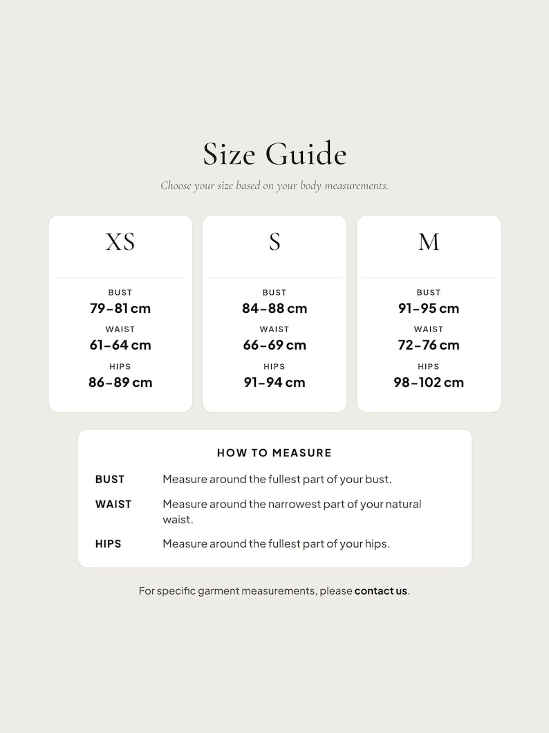 Women's XS through M body measurement guide in centimeters