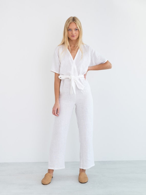 White Linen Jumpsuit Women Boho Clothing Fringe Organic Overalls Open Back  Zipper Jumpsuit Wide Linen Pants Romper Women Comfy Clothes -  Canada