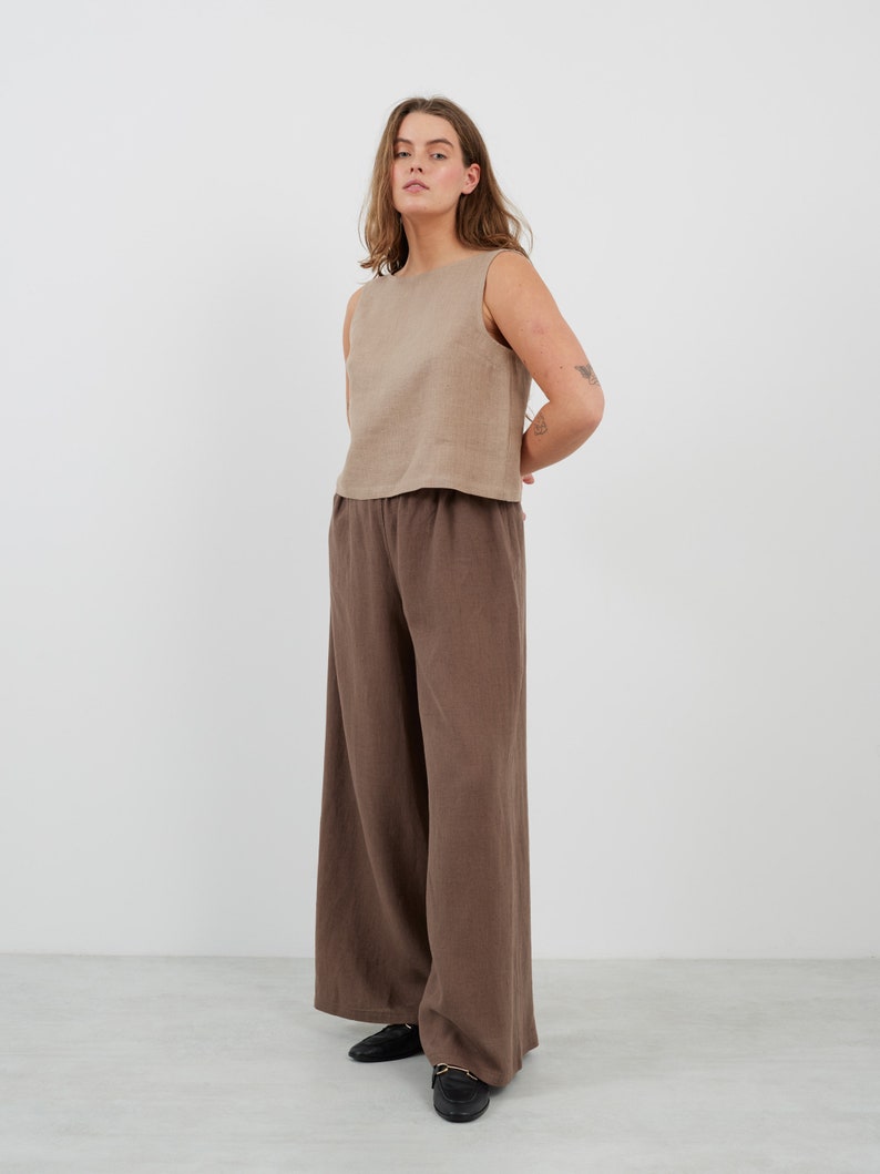 Wide Leg Linen Pants PEARL / Elastic Waist Flowy Trousers / High Waist Palazzo zdjęcie 2