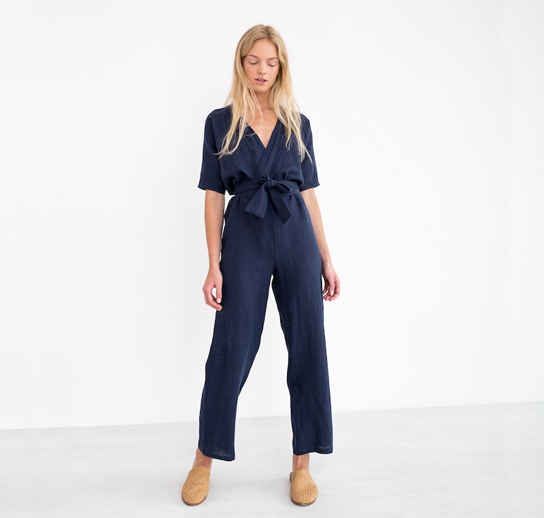 AURORA Linen Jumpsuit / Loose Linen Overalls / Linen Romper With Belt image 2