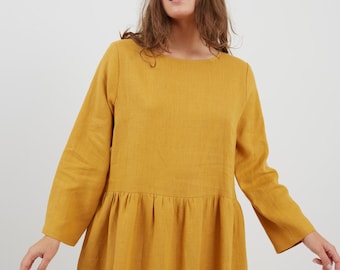 SALE Women's Linen Smock Midi Dress, Boat Neck, Long Sleeves and Pockets | GEMMA
