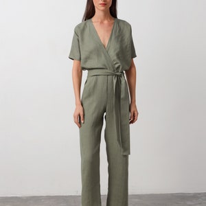 SALE Linen jumpsuit, kimono style overalls with belt | AURORA