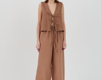 SALE Women's Wide Leg Linen Pants, High Waist with Drawstring | DUKE