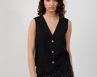SALE Women's Linen Vest, V Neck and Coconut Button Front | GILDA